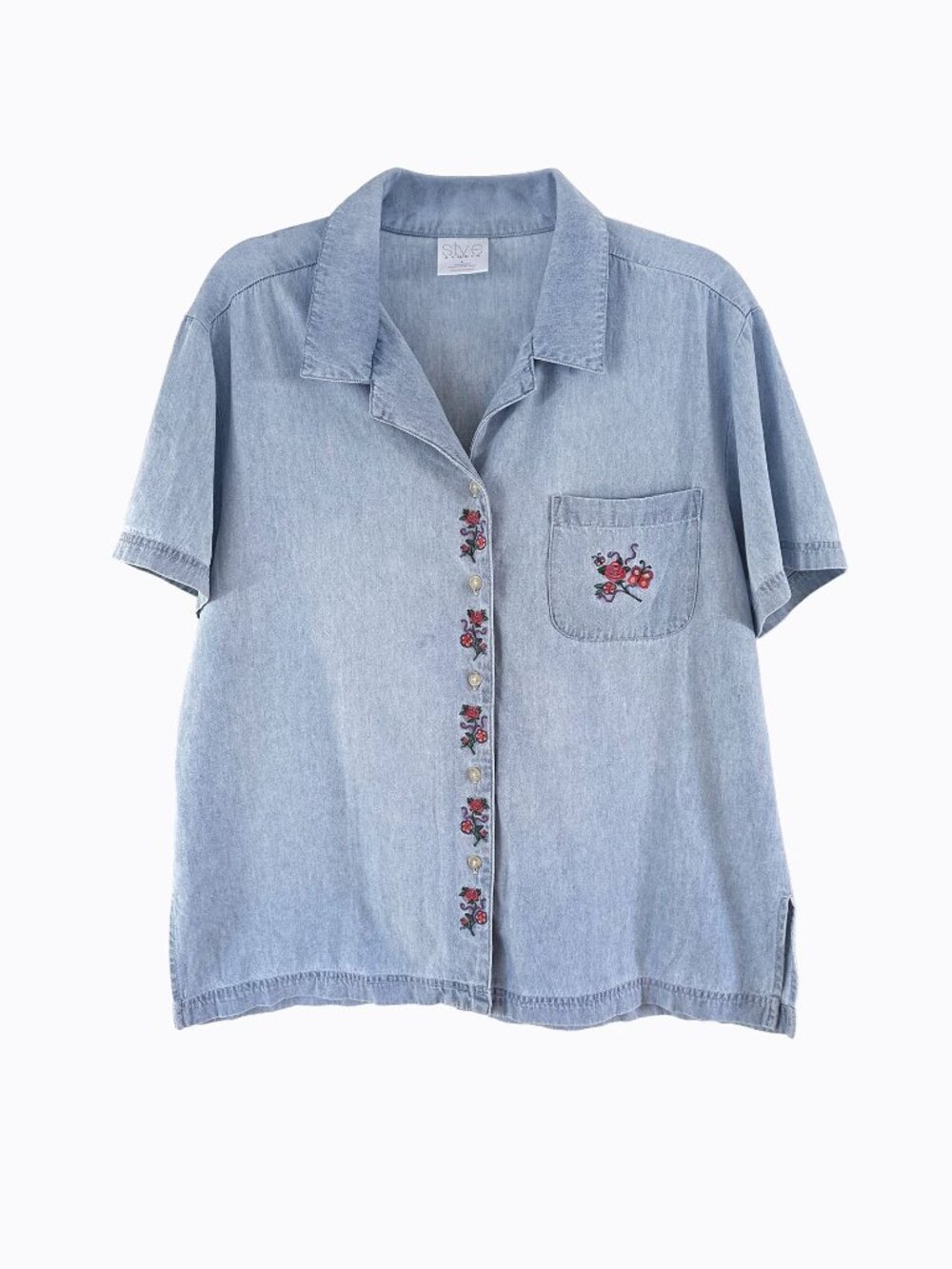 Vtg 90s Avon Style Studio Floral Embroidery Chambray Shirt L Cottagecore Blue